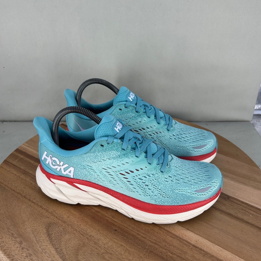 Hoka One One Clifton 8 Womens Size 7.5 Running Shoes Blue White Red 1119394 AEBL